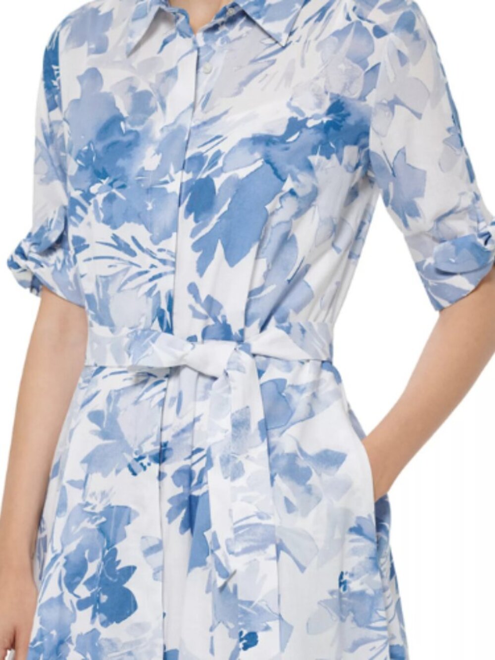 Calvin Klein Blue White Floral Shirt Dress V Neck Belted Dress Formal Size 6 - Picture 3 of 13